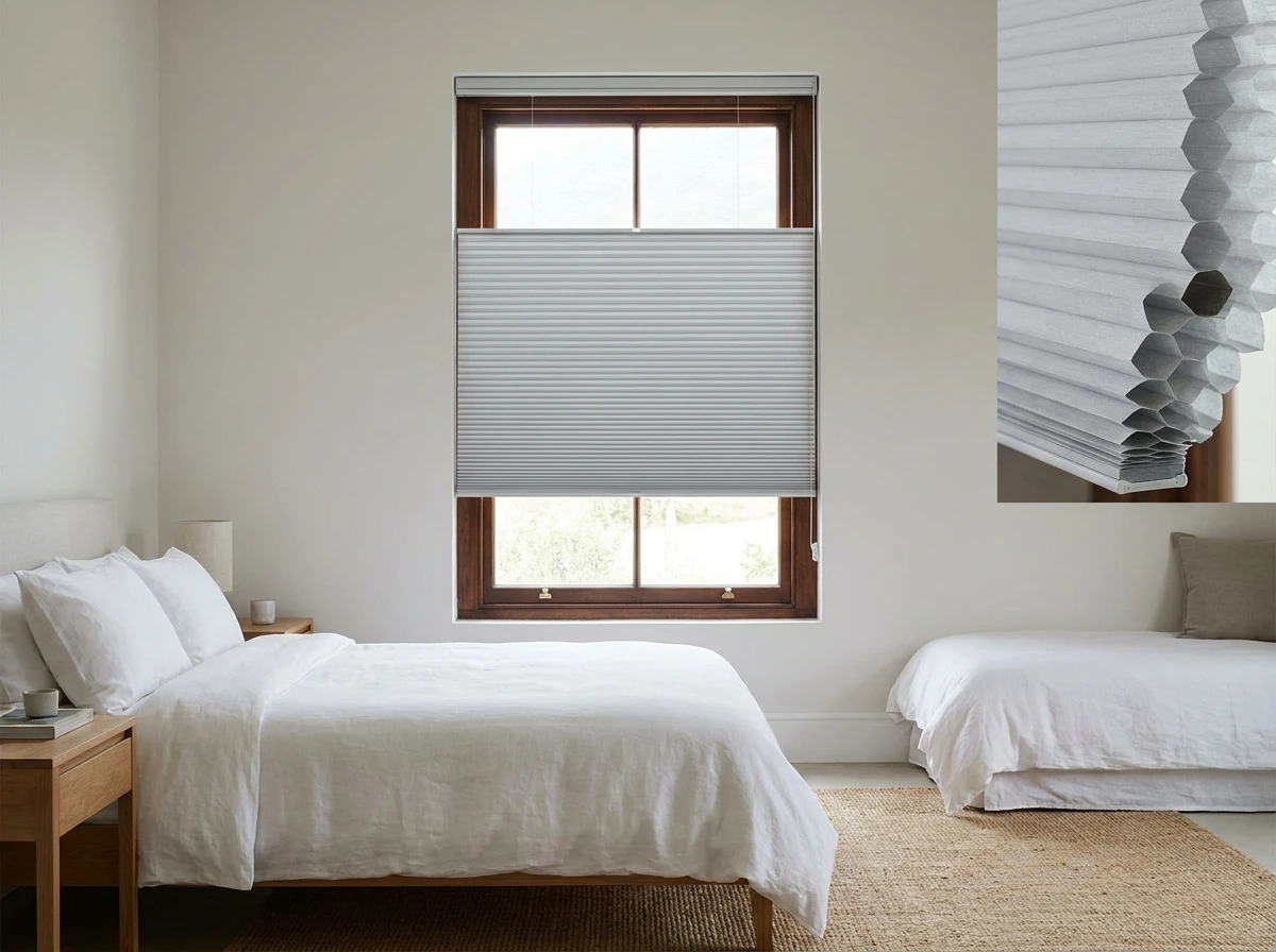 Cellular honeycomb blind lowered partway on a bedroom window in a Franschhoek cottage