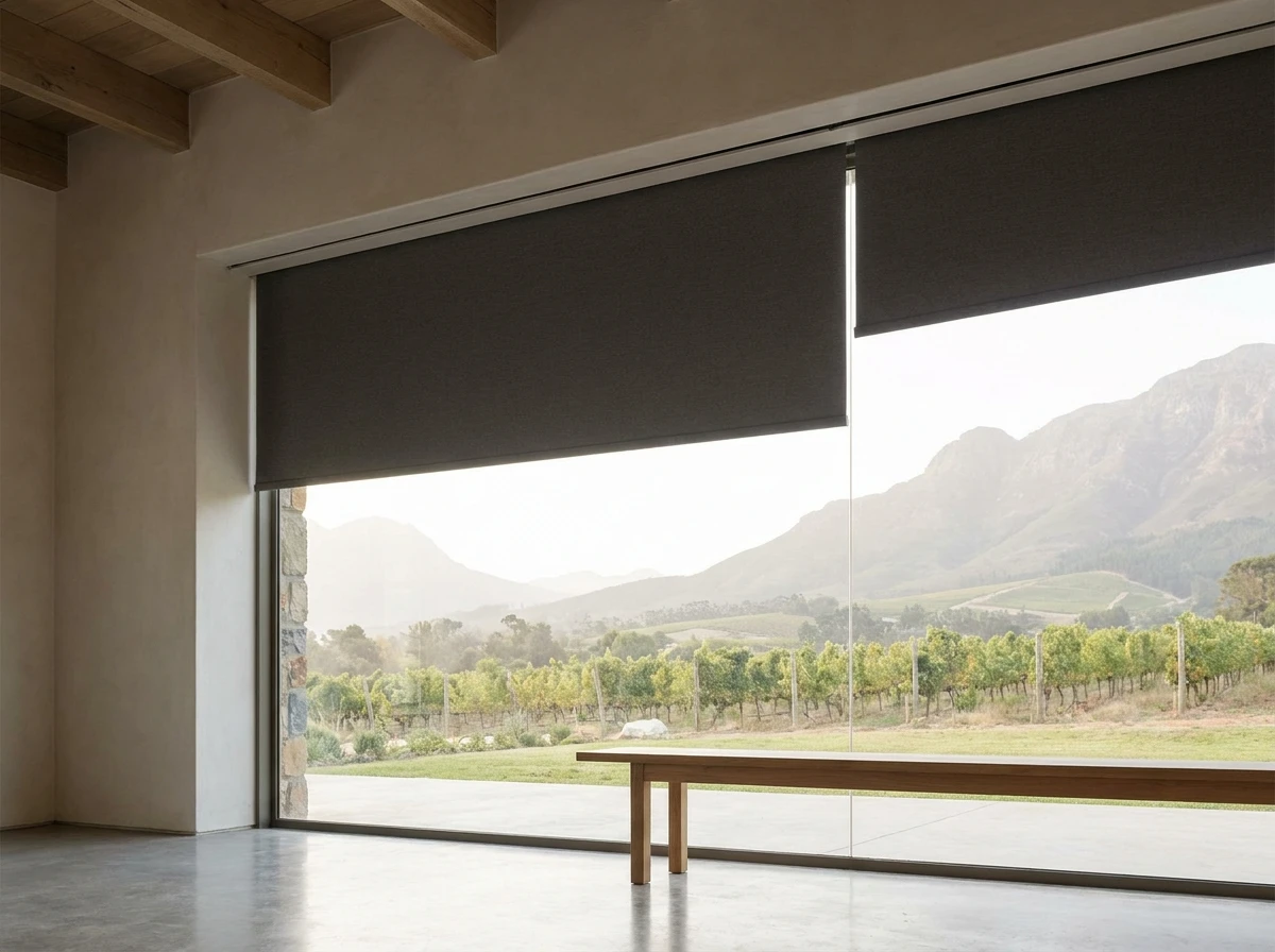 Concealed recessed roller blind emerging from a ceiling slot above frameless glass in a renovated Franschhoek home