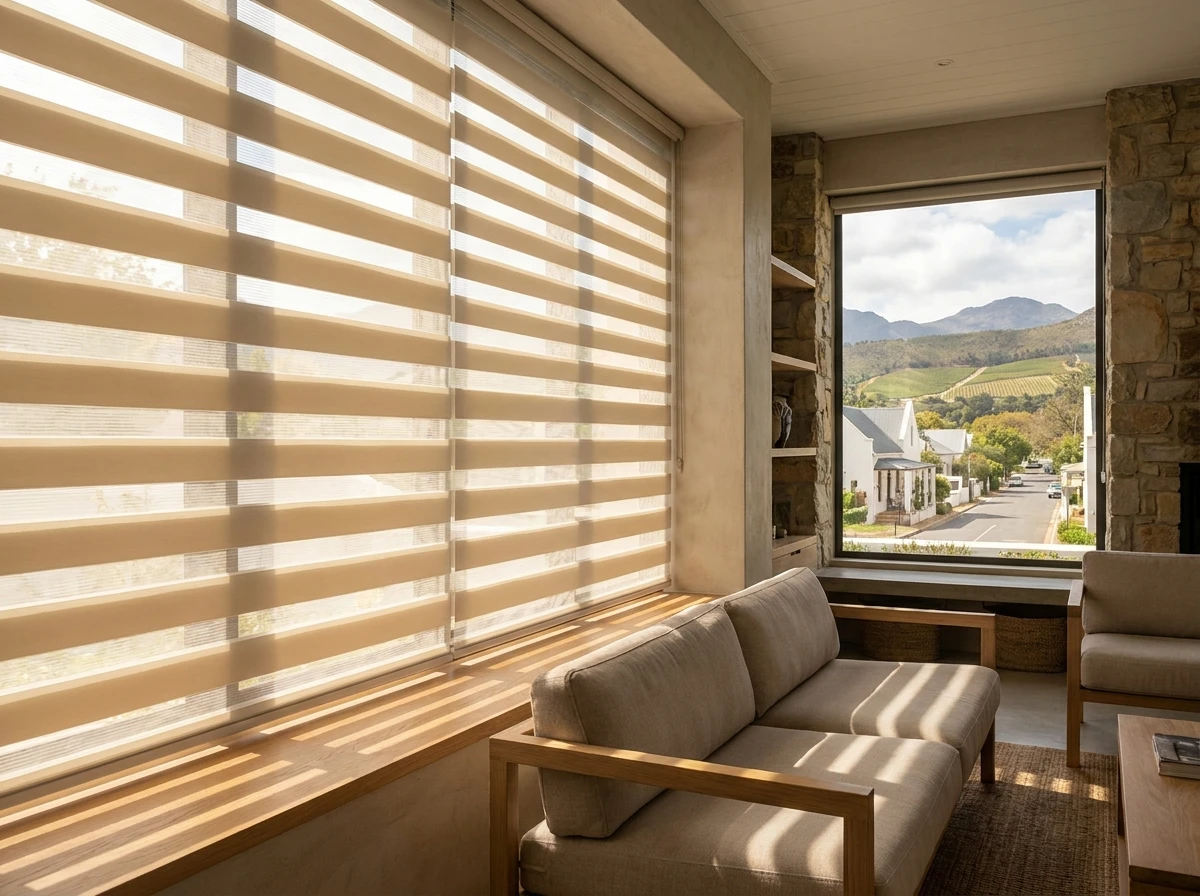 Day and night zebra blind with sheer and solid bands fitted in a Franschhoek village living room