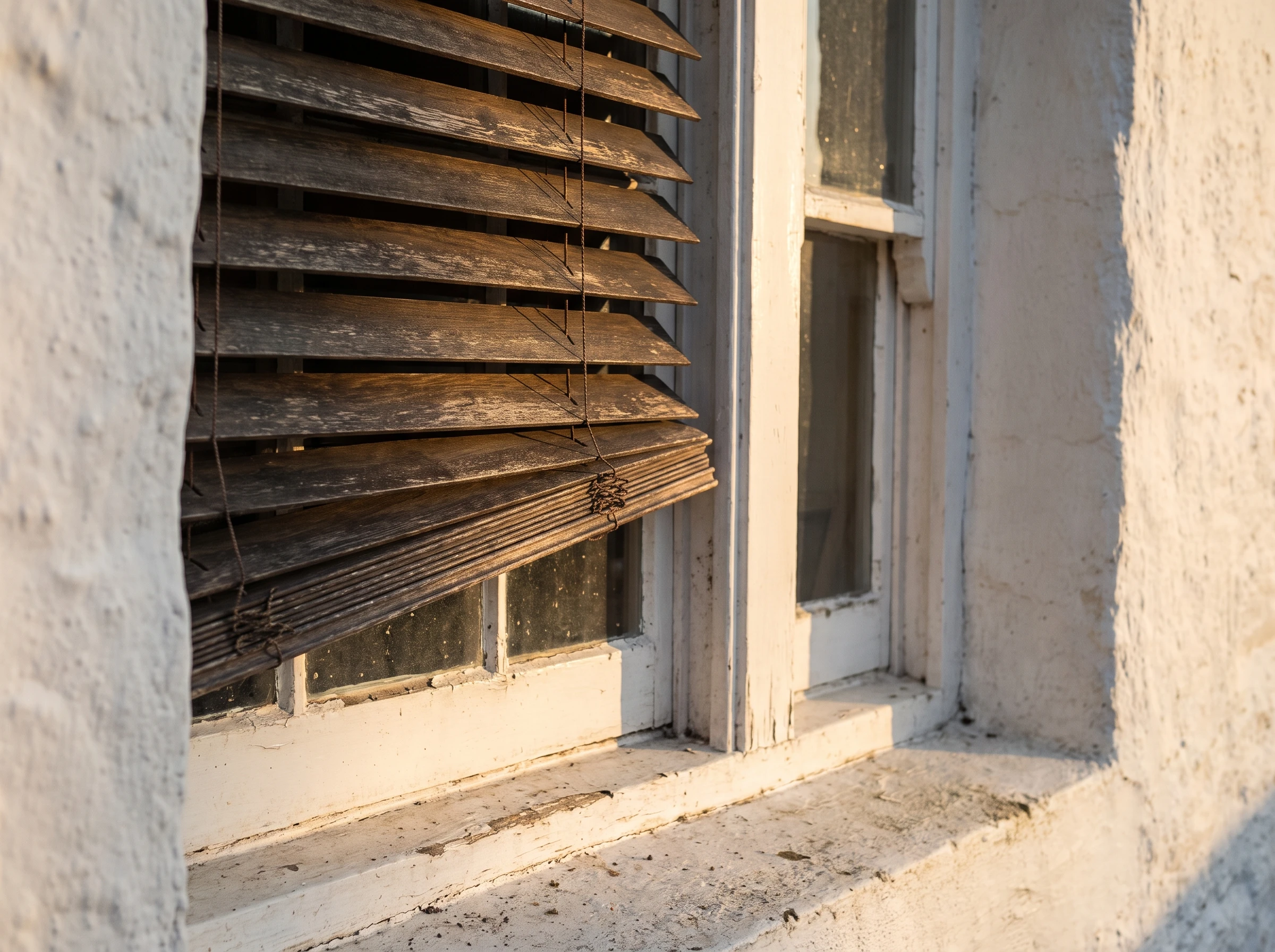 Close-up detail of timber venetian blind slats against a deep-set sash window frame on a whitewashed Franschhoek heritage cottage wall