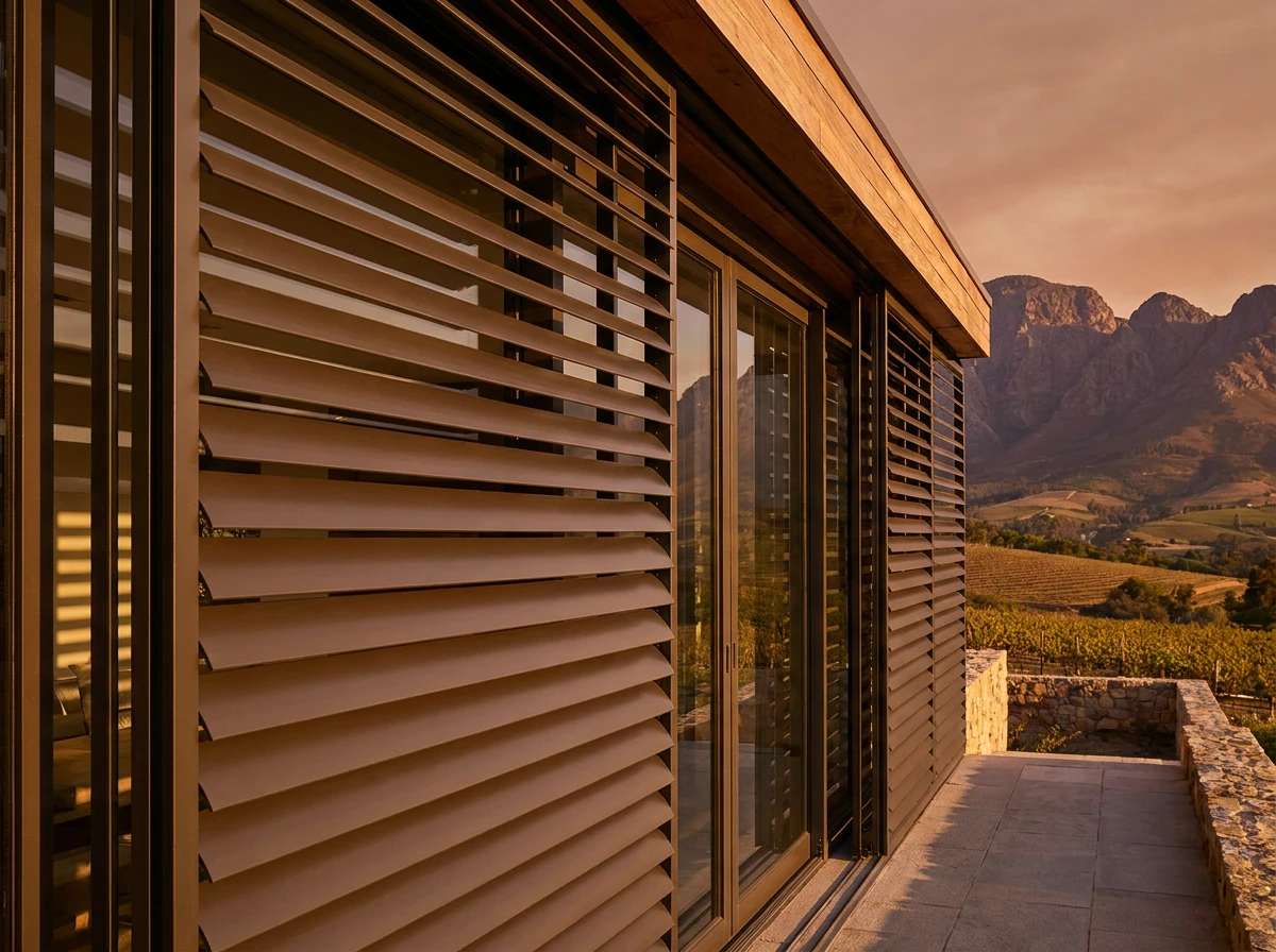 Wide aluminium external venetian blind slats mounted outside a west-facing window on a contemporary Franschhoek wine-estate facade