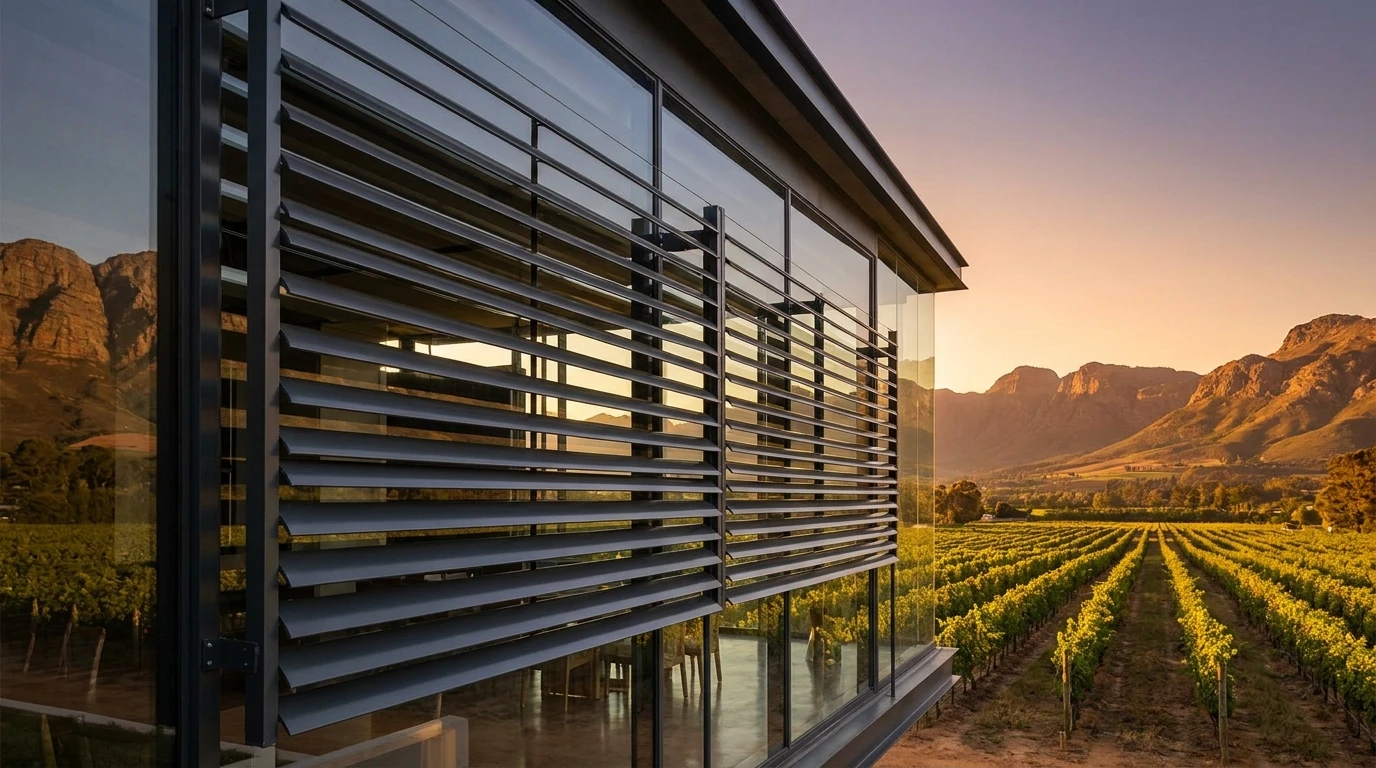 West-facing glass wall of a contemporary Franschhoek wine-estate tasting room shaded by wide aluminium external venetian blinds, vineyard rows and mountains behind