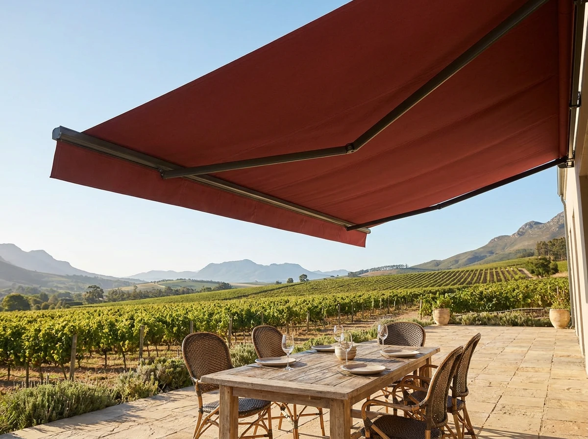 Retractable folding-arm awning extended over a stone terrace at a Franschhoek wine estate with bordeaux canvas fabric