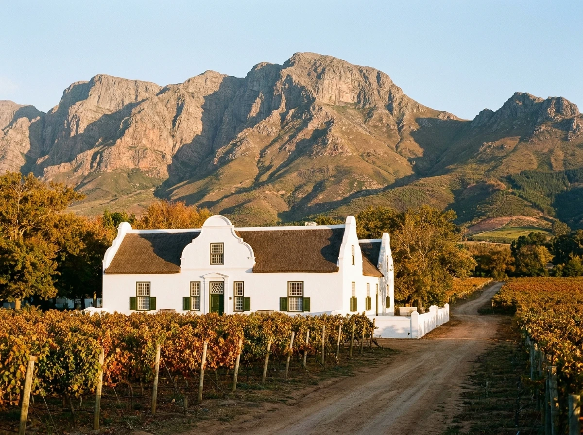 Historic whitewashed Cape Dutch werf homestead near Groot Drakenstein on the R45 outside Franschhoek, among vineyard rows with the Groot Drakenstein mountains behind