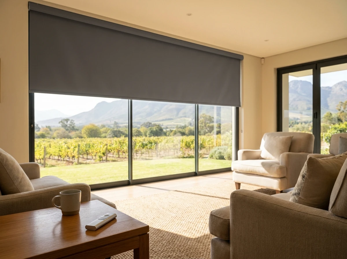 Motorised blockout roller blind lowering with a handheld remote on a table in a Franschhoek wine-estate living room