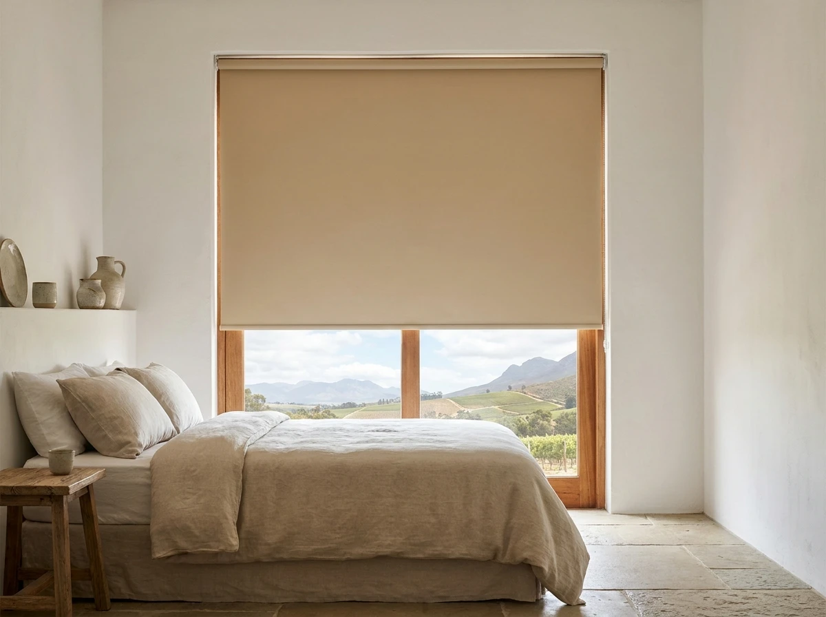 Blockout roller blind lowered flat with no folds in a Franschhoek guest-cottage bedroom