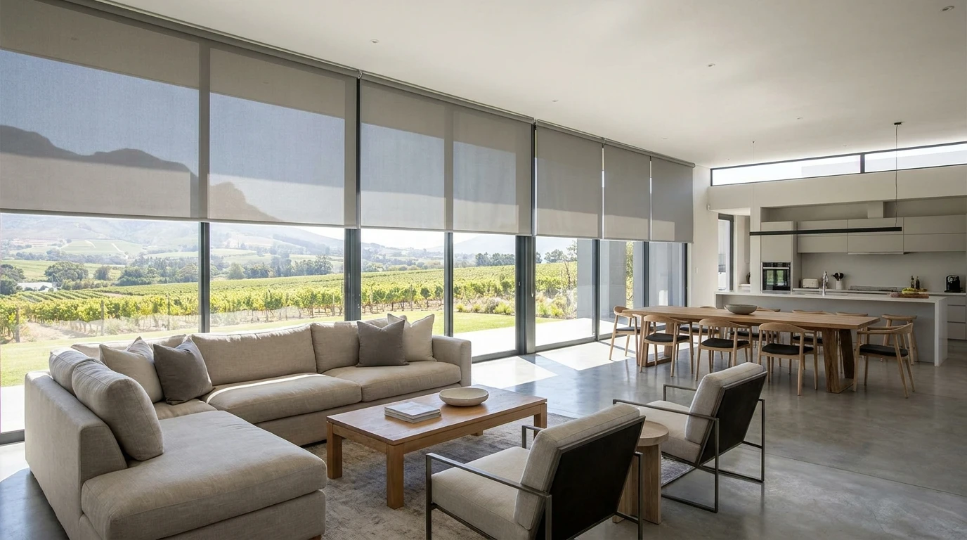Bright open-plan living space in a newer Franschhoek estate home with sunscreen roller blinds lowered partway on floor-to-ceiling windows and a vineyard view beyond
