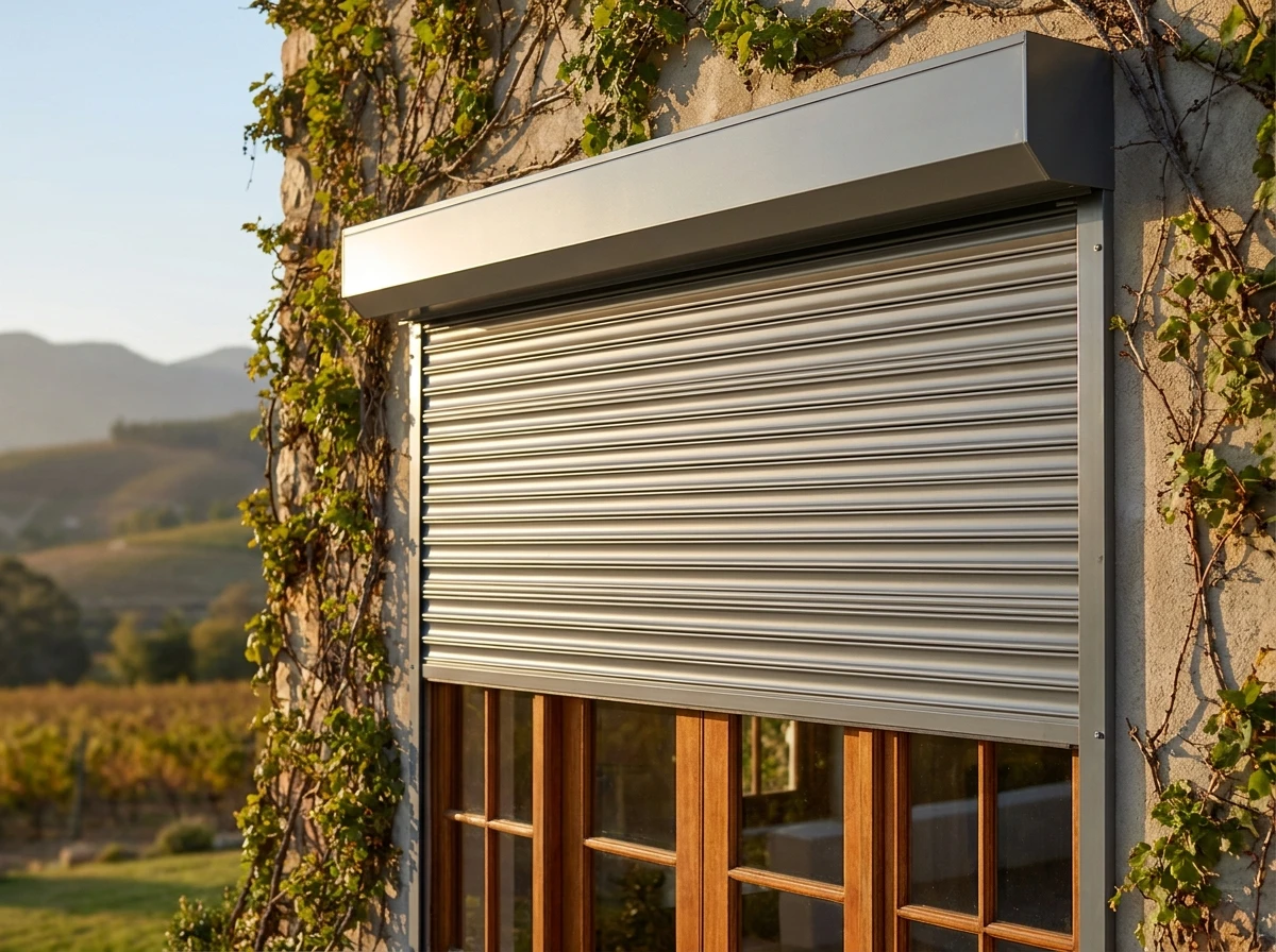 Aluminium roller shutter partially lowered over a window on the exterior of a Franschhoek home