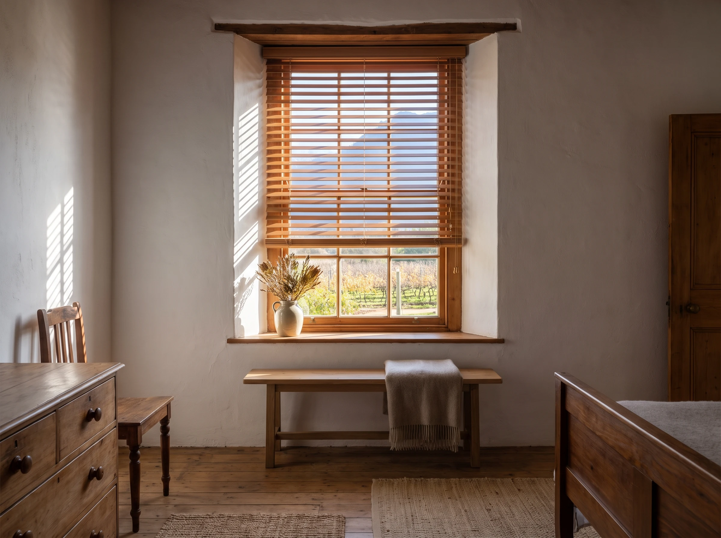 Franschhoek wine-estate guest cottage interior with a deep-set sash window and warm timber venetian blinds tilted half-open, vineyard and mountain visible outside