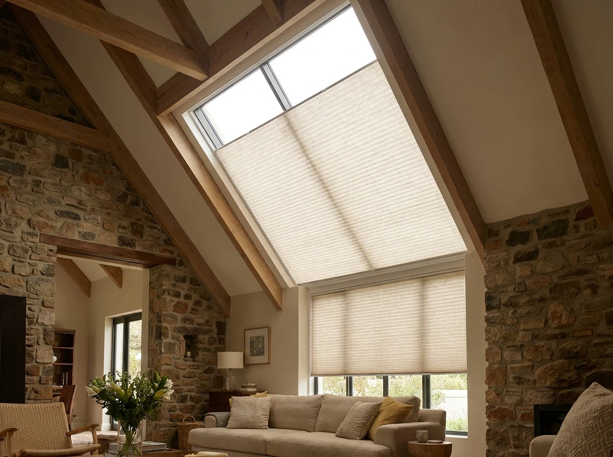 Skylight blind fitted flush to an angled roof window in a double-volume Franschhoek estate living room