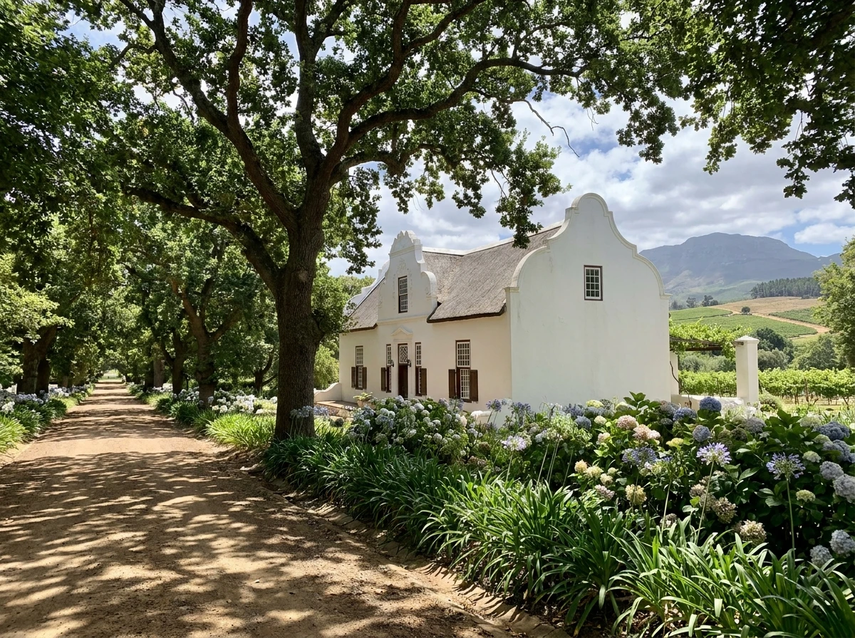 Stellenbosch heritage home on an oak-lined street reached via the Helshoogte Pass from Franschhoek, Cape Dutch gable facade, dappled oak shade across the front garden