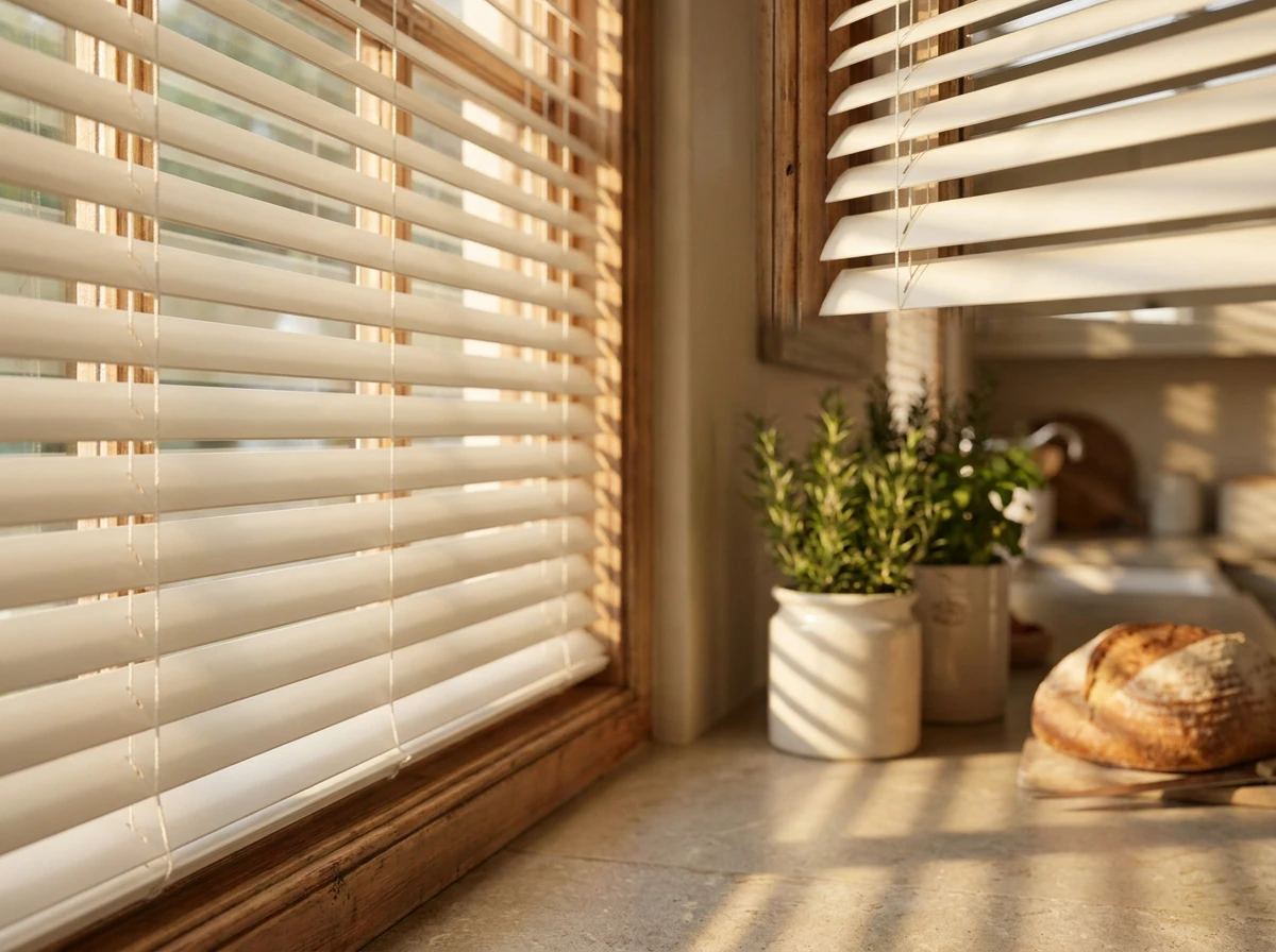 Crisp aluminium venetian blind slats fitted in a Franschhoek kitchen window nook