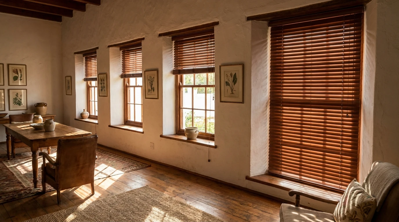 Row of tall deep-set sash windows along a Franschhoek Cape Dutch cottage wall, each fitted with warm timber venetian blinds at different tilt angles