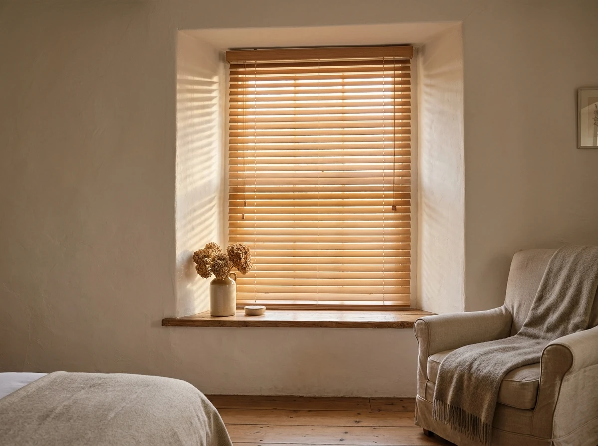 Warm timber venetian blind slats fitted to a deep-set heritage sash window in a Franschhoek cottage