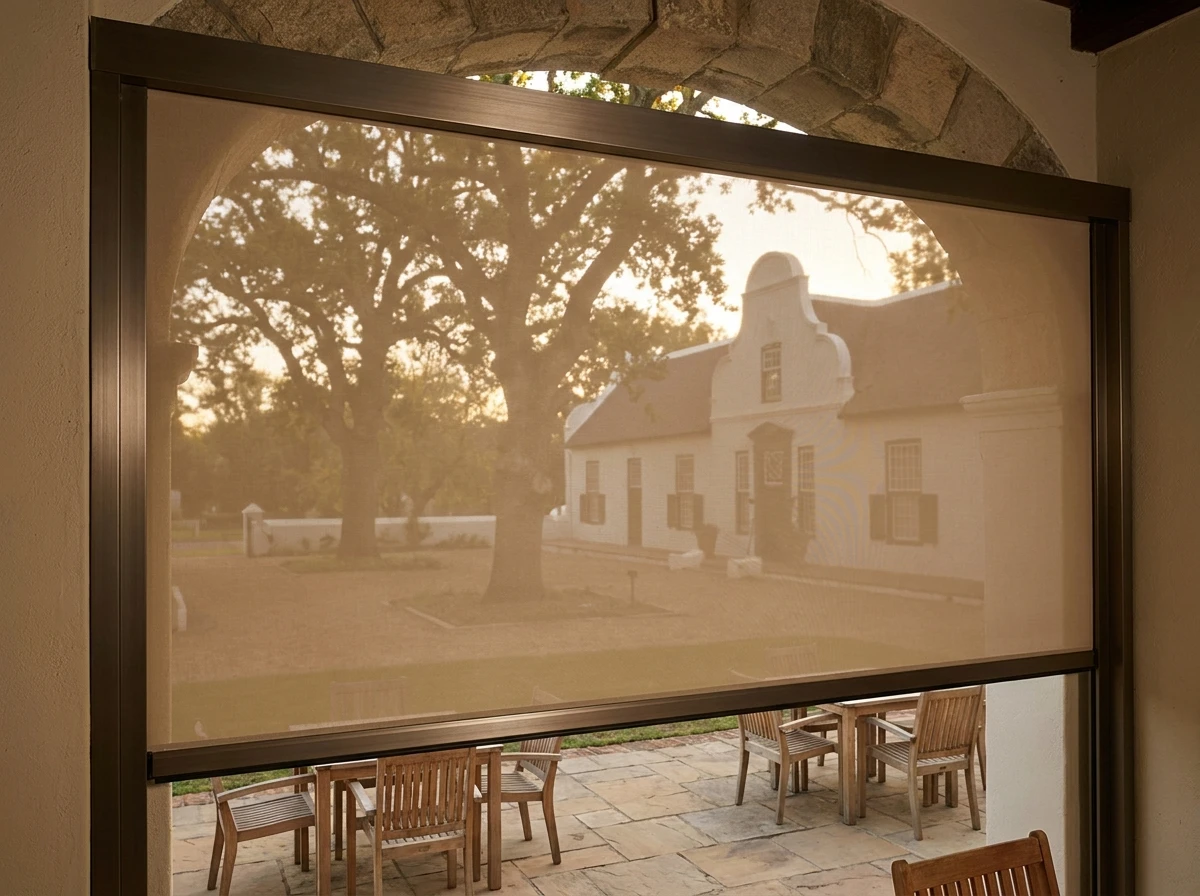 Vertical zip screen mesh enclosing a Franschhoek restaurant courtyard in captive aluminium side channels